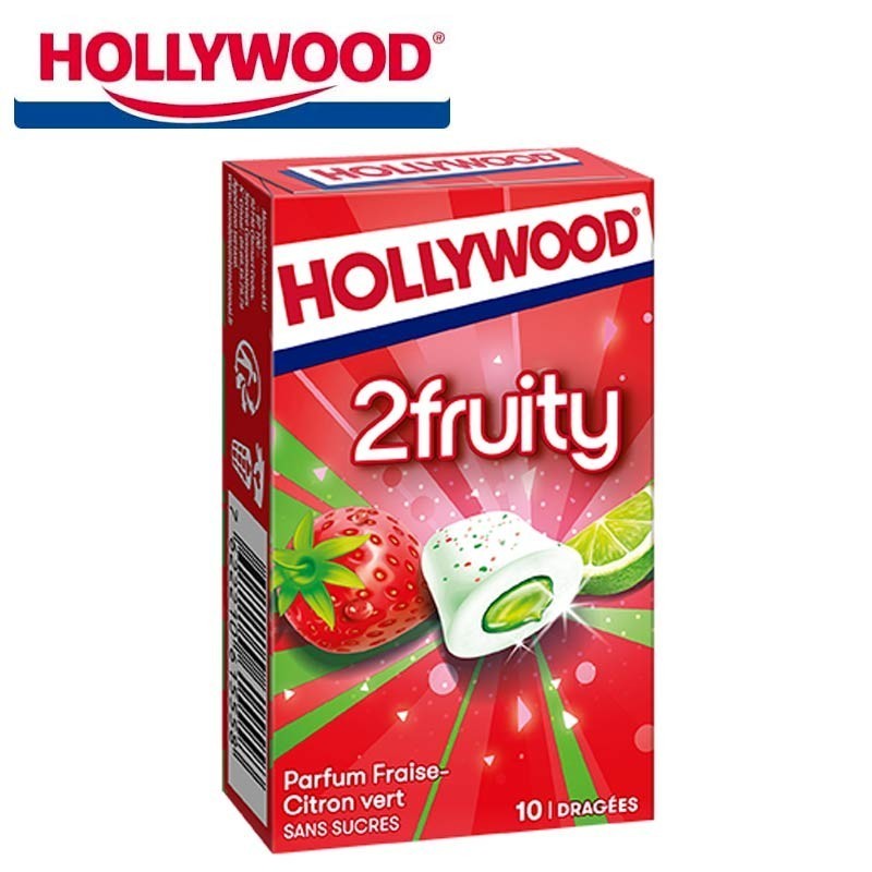 Hollywood 2 Fruity chewing gum fraise citron vert, 16 étuis 22gr