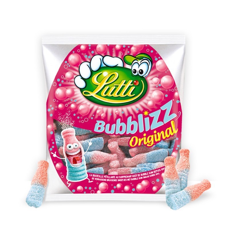 Bubblizz, bouteille Lutti rose et bleue, sachet de 100gr