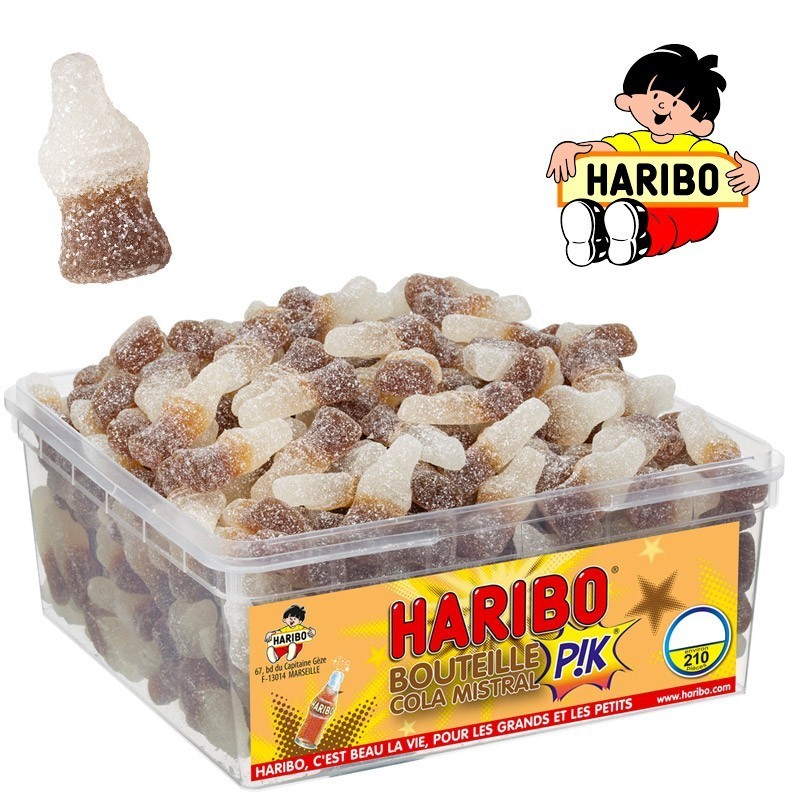 Cola Mistral Pik, bouteille cola Haribo boîte 210 bonbons